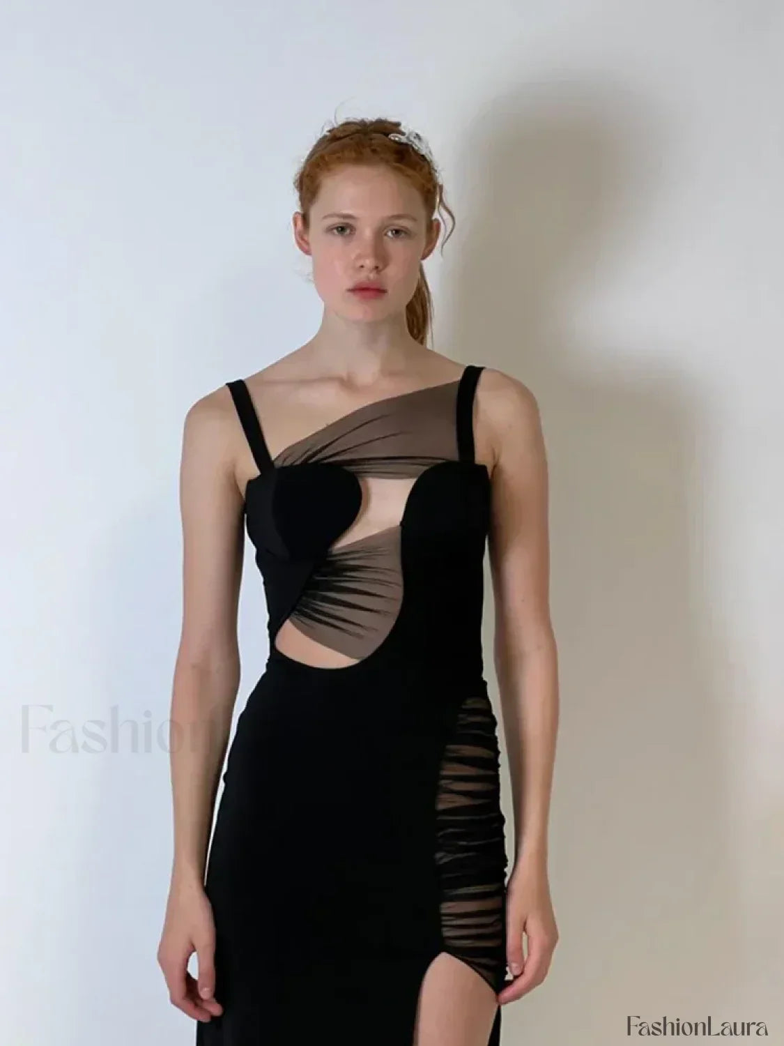 Black Mesh Hollow V-Neck Maxi Dress