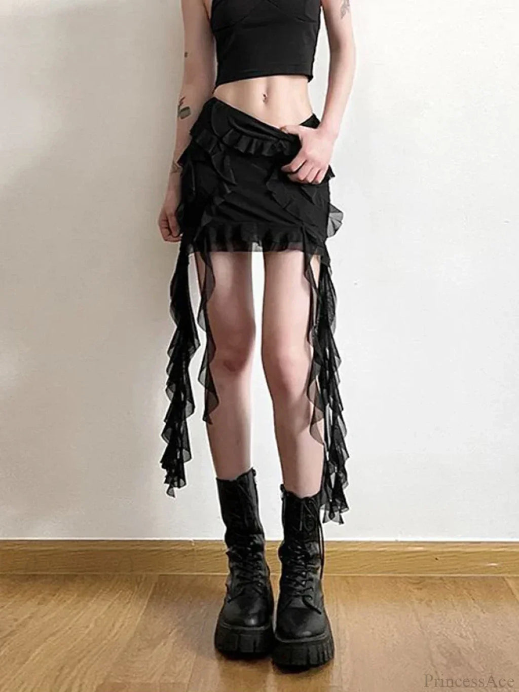 Mesh Patchwork Ruffled Mini Skirt