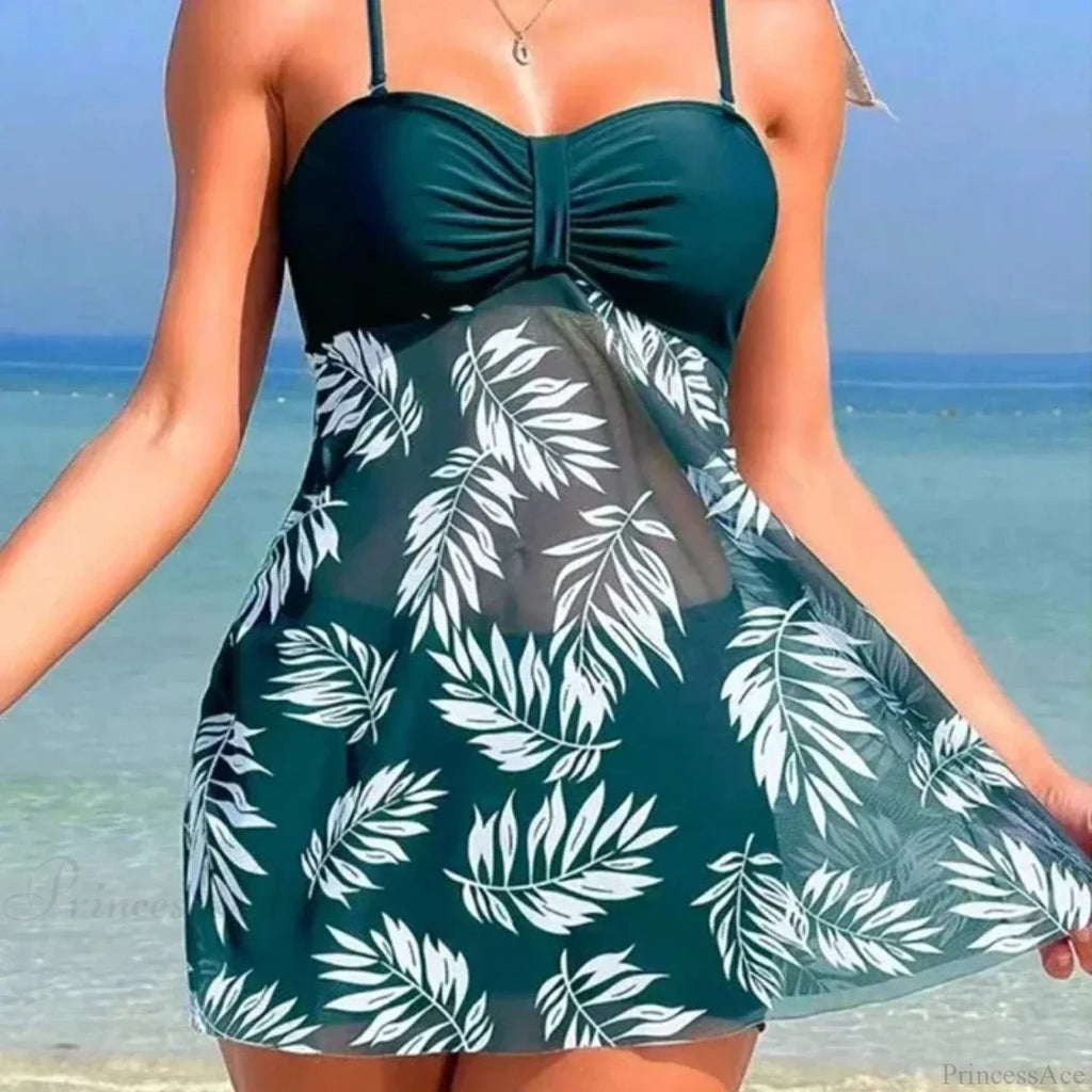 Mesh Print Split Dress Two Piece Set
