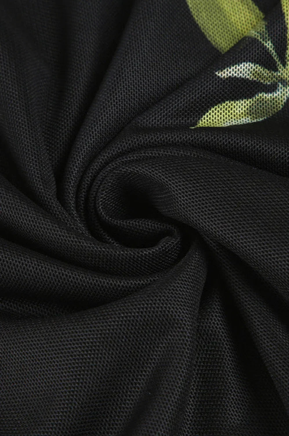 Black Mesh Stitching Irregular Pleated Plant Print Maxi Dress