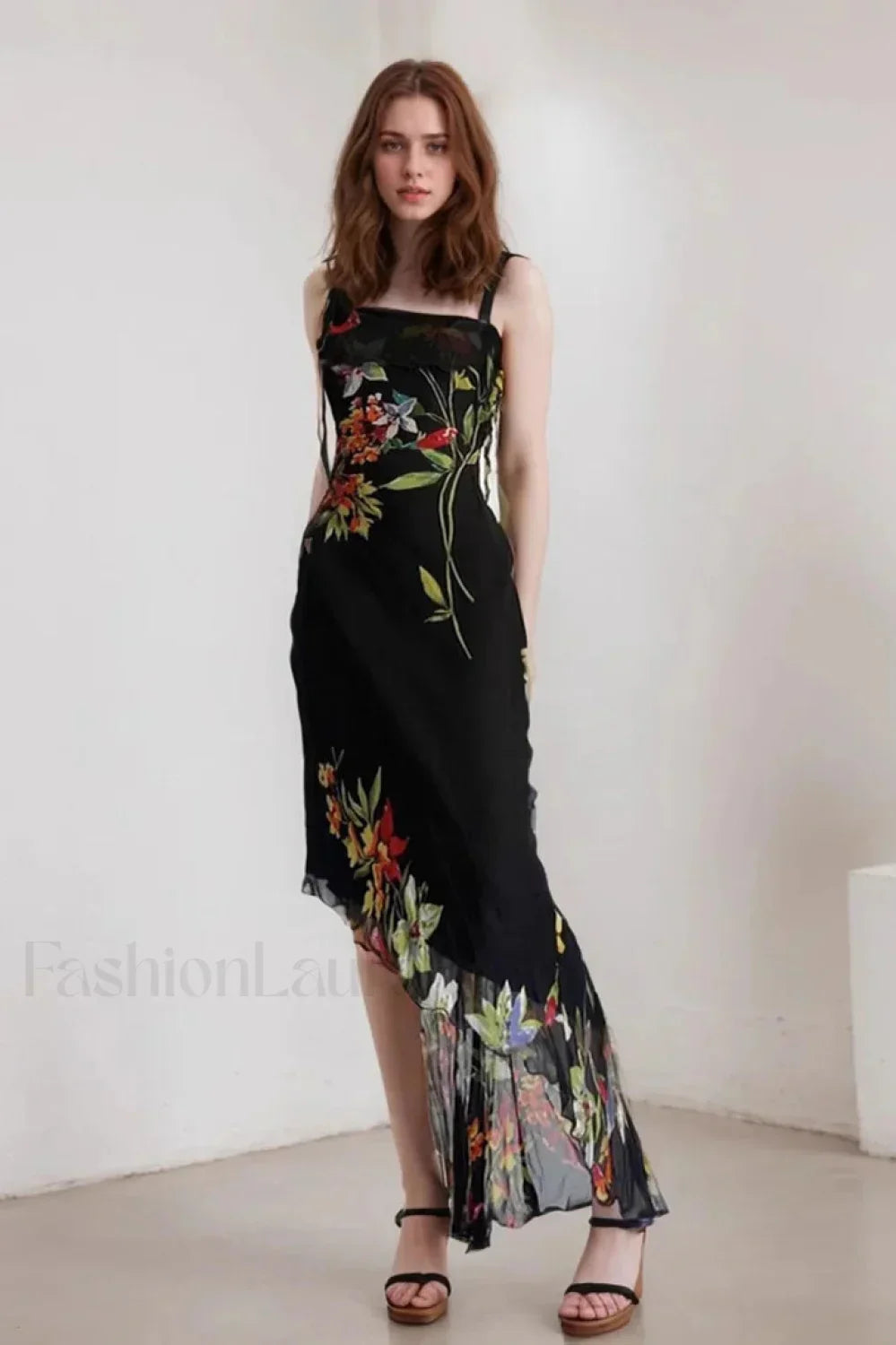 Black Mesh Stitching Irregular Pleated Plant Print Maxi Dress