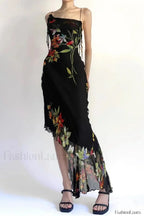 Black Mesh Stitching Irregular Pleated Plant Print Maxi Dress