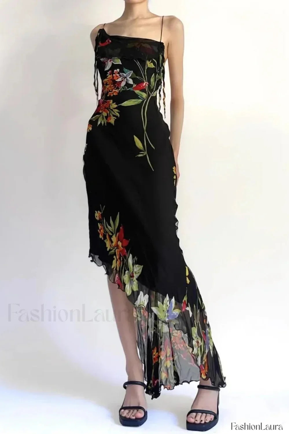Black Mesh Stitching Irregular Pleated Plant Print Maxi Dress