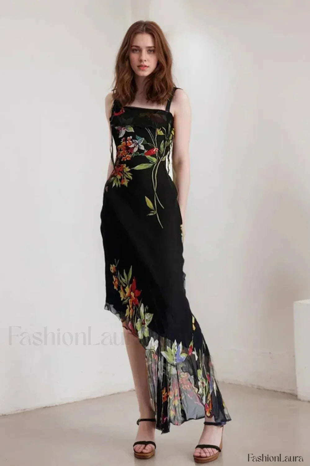 Black Mesh Stitching Irregular Pleated Plant Print Maxi Dress