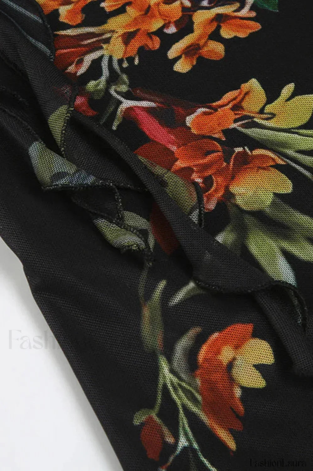Black Mesh Stitching Irregular Pleated Plant Print Maxi Dress