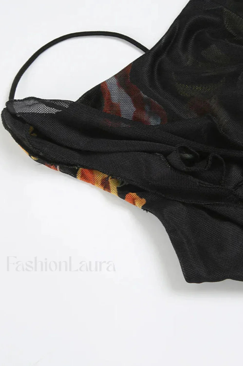 Black Mesh Stitching Irregular Pleated Plant Print Maxi Dress