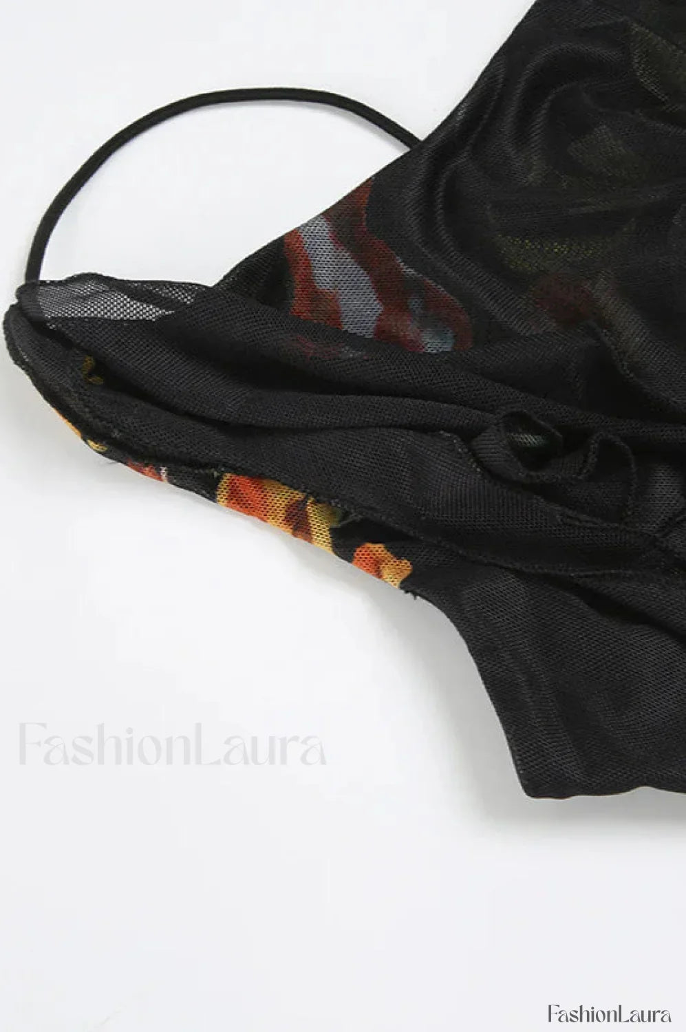 Black Mesh Stitching Irregular Pleated Plant Print Maxi Dress