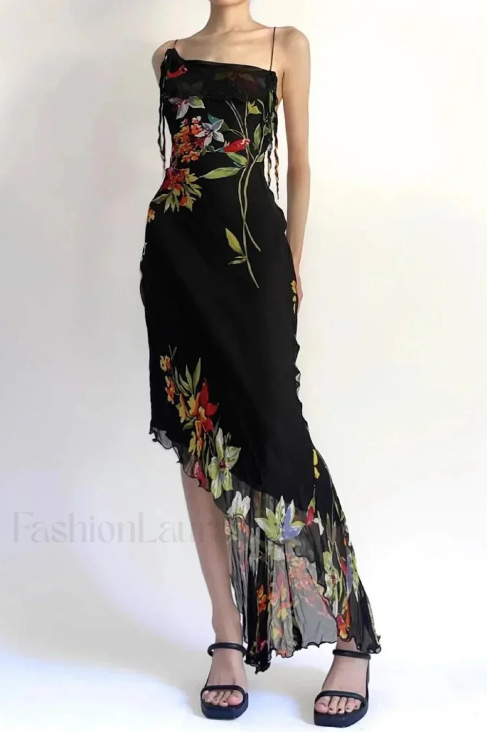 Black Mesh Stitching Irregular Pleated Plant Print Maxi Dress