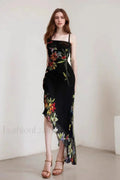 Black Mesh Stitching Irregular Pleated Plant Print Maxi Dress