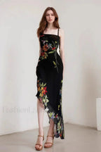 Black Mesh Stitching Irregular Pleated Plant Print Maxi Dress
