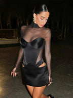 Mesh Turtleneck Satin Mini Party Dress