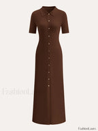 Metal Button Collar Midi Dress