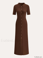 Metal Button Collar Midi Dress