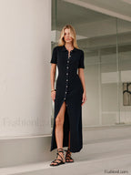 Metal Button Collar Midi Dress