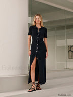 Metal Button Collar Midi Dress