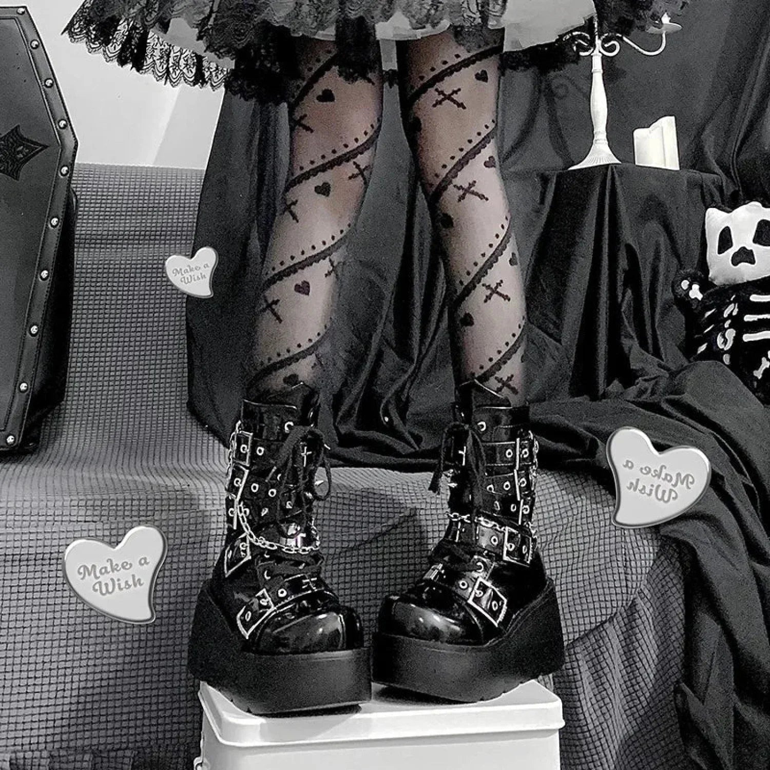 Metal Chain Patent Leather Rebellious Gothic Ankle Boot