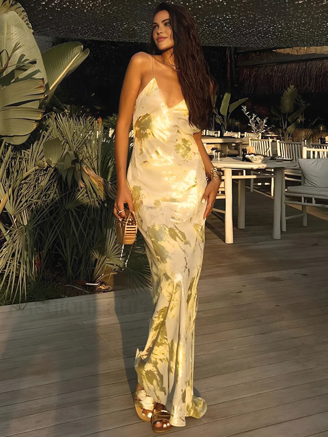 Gold Metallic Print V-Neck Backless Slip Long Dress