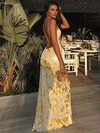 Gold Metallic Print V-Neck Backless Slip Long Dress