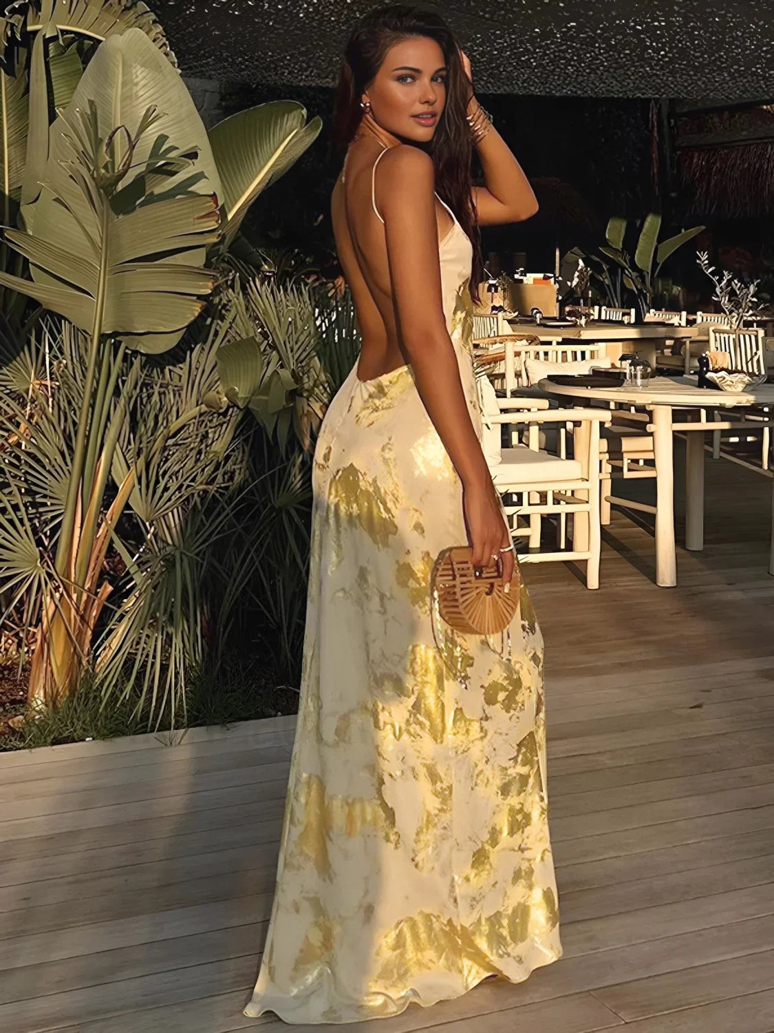 Gold Metallic Print V-Neck Backless Slip Long Dress