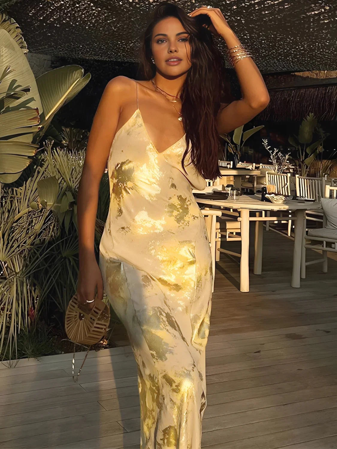 Gold Metallic Print V-Neck Backless Slip Long Dress