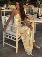 Gold Metallic Print V-Neck Backless Slip Long Dress