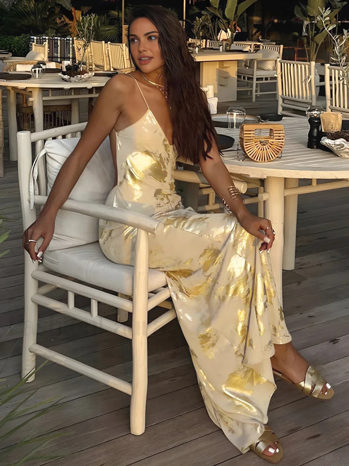 Gold Metallic Print V-Neck Backless Slip Long Dress