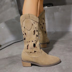 Mid-Calf Western Embroidery Hollow Cowboy Autumn Winter Fashion Leather Knee High Boot