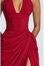 Minette Halter Back Lace-up Asymmetrical Pleats Slit Maxi Dress
