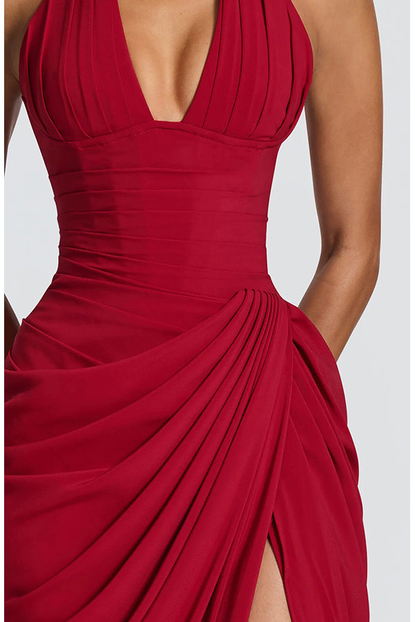 Minette Halter Back Lace-up Asymmetrical Pleats Slit Maxi Dress