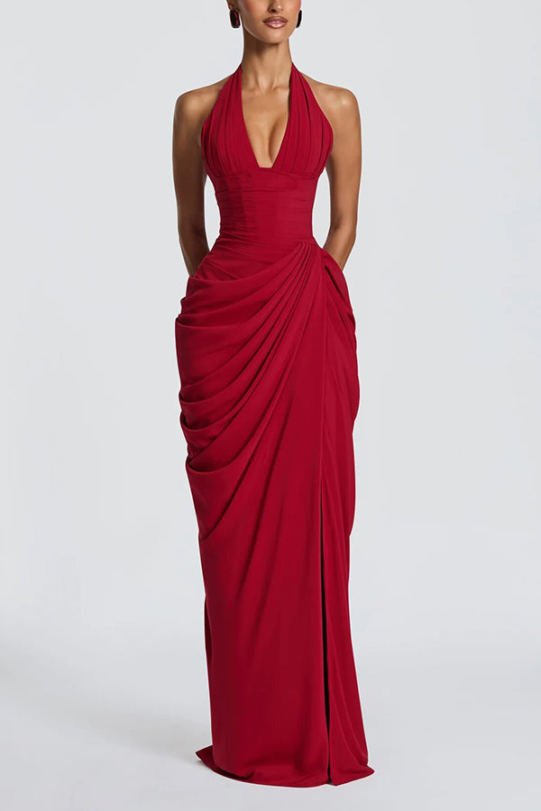 Minette Halter Back Lace-up Asymmetrical Pleats Slit Maxi Dress