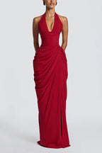 Minette Halter Back Lace-up Asymmetrical Pleats Slit Maxi Dress
