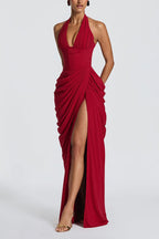 Minette Halter Back Lace-up Asymmetrical Pleats Slit Maxi Dress