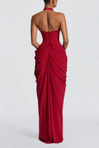 Minette Halter Back Lace-up Asymmetrical Pleats Slit Maxi Dress
