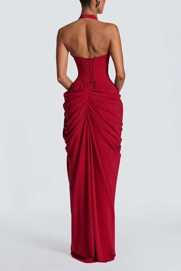 Minette Halter Back Lace-up Asymmetrical Pleats Slit Maxi Dress