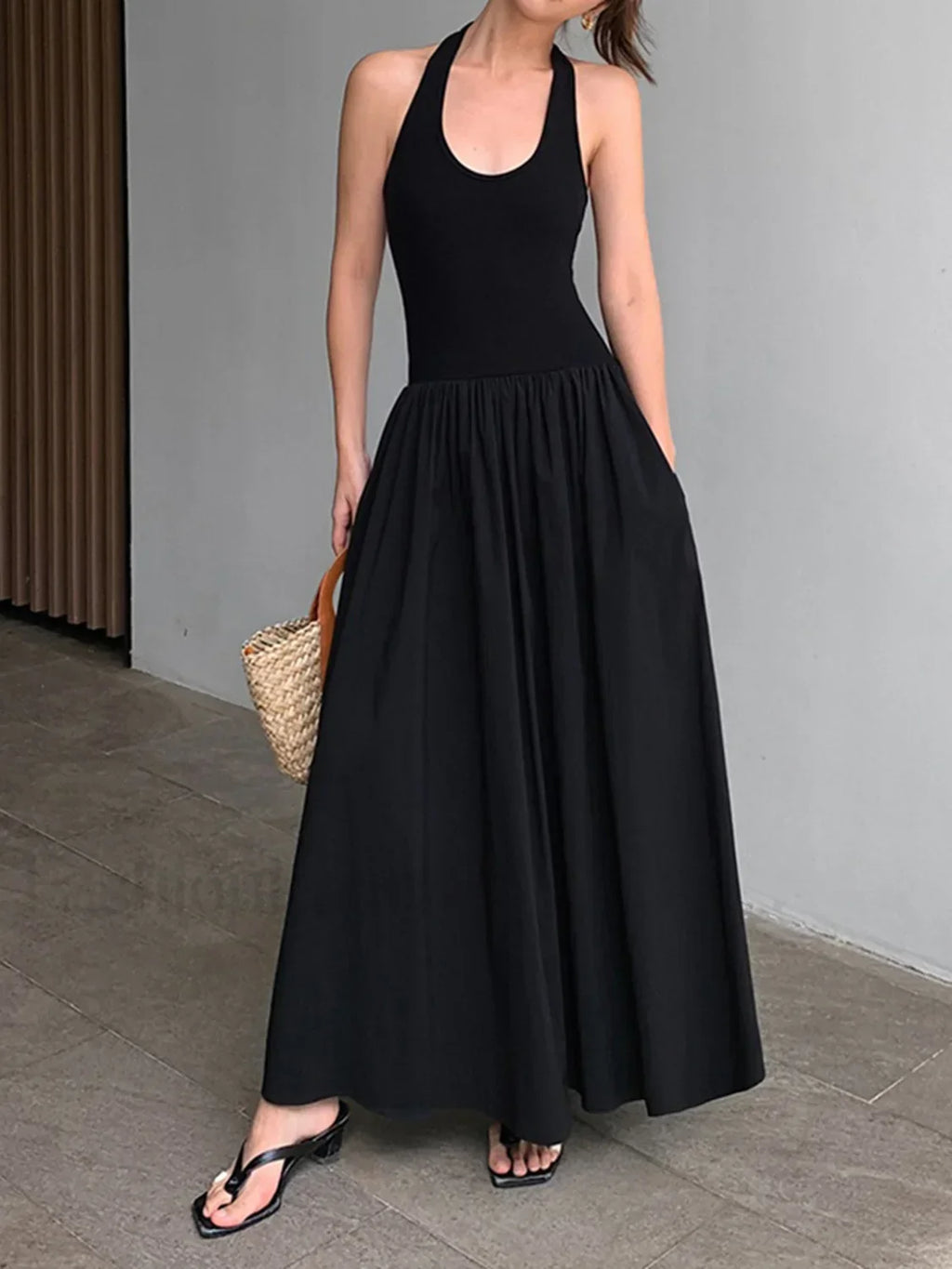 Black Halter Backless Long Dress