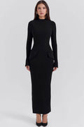 Mock Neck Long Sleeve Hip Flap Detail Front Seam Column Maxi Dress