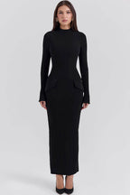 Mock Neck Long Sleeve Hip Flap Detail Front Seam Column Maxi Dress