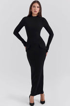 Mock Neck Long Sleeve Hip Flap Detail Front Seam Column Maxi Dress