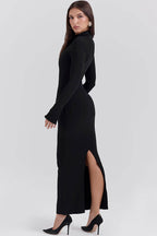 Mock Neck Long Sleeve Hip Flap Detail Front Seam Column Maxi Dress