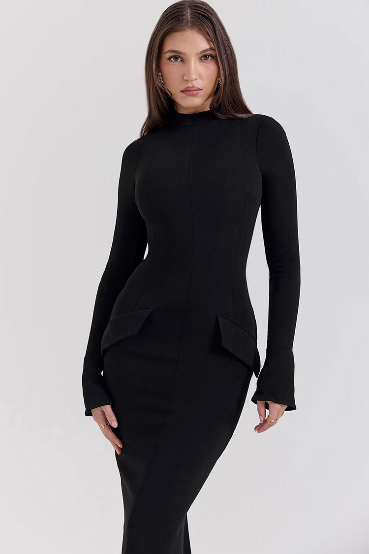 Mock Neck Long Sleeve Hip Flap Detail Front Seam Column Maxi Dress