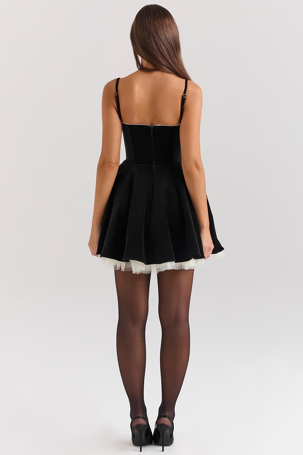 Velvet Sweetheart Neck Lace Trim Tulle Ruffle Hem Mini Dress