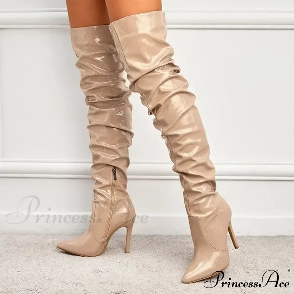Modern Patent Leather Over-the-knee Boots with Elastic Detail