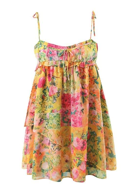 Leonor Minimalist Chiffon Mini Dress with Floral Print Evening Wear Edit