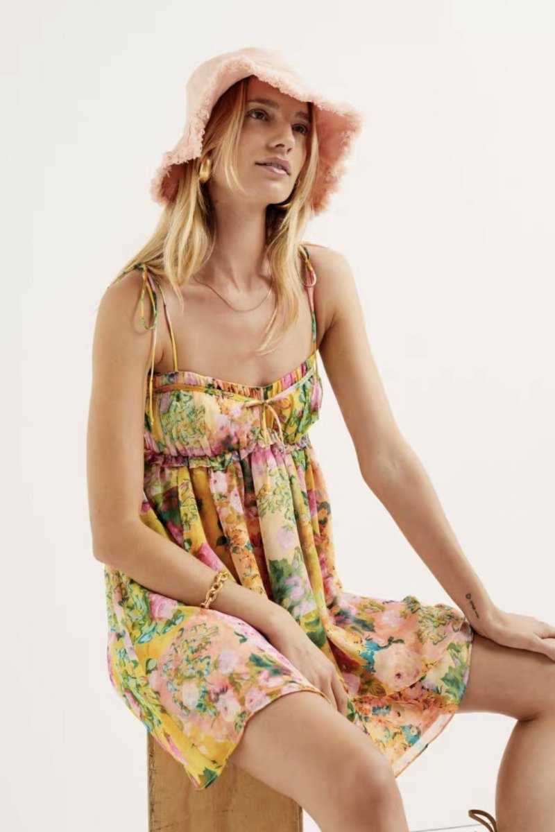 Leonor Minimalist Chiffon Mini Dress with Floral Print Evening Wear Edit