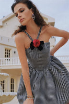 Harriet Elevated a Line Mini Dress with Houndstooth Rose Bow Trim Chic Silhouette Collection