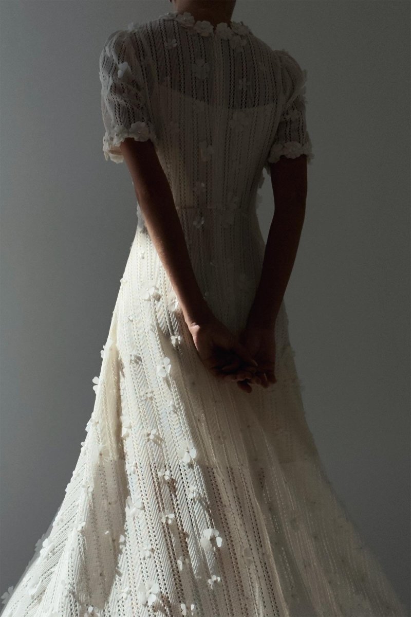 Mónica Minimalist Midi Knit Dress with Lace Embroidery Evening Wear Edit