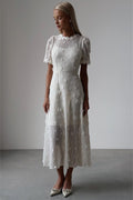 Mónica Minimalist Midi Knit Dress with Lace Embroidery Evening Wear Edit
