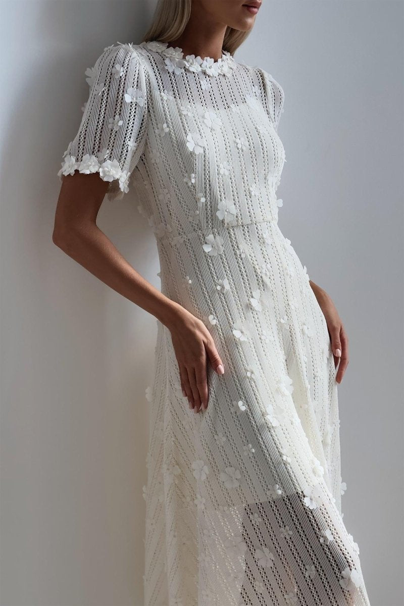 Mónica Minimalist Midi Knit Dress with Lace Embroidery Evening Wear Edit