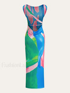 Multicolor Monet Garden Print Sleeveless Long Dress
