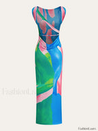 Multicolor Monet Garden Print Sleeveless Long Dress